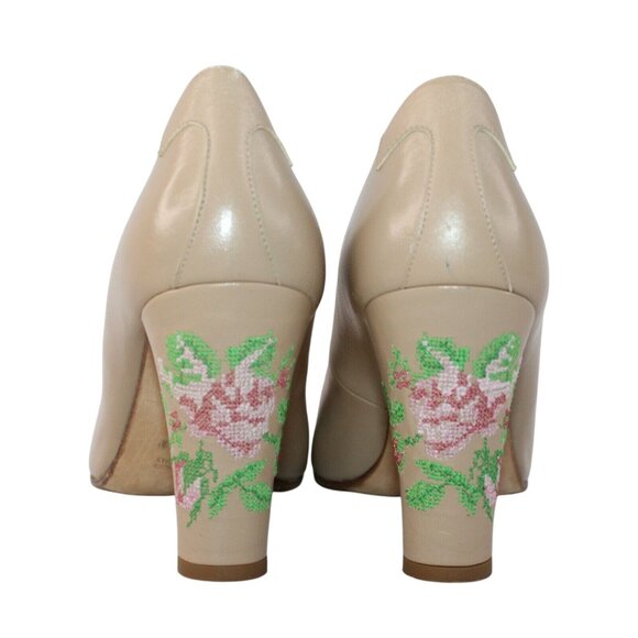 Taryn Rose Womens Sz 9 Beige Floral Embellishment Block Heel Pumps Open Toe - Picture 2 of 11